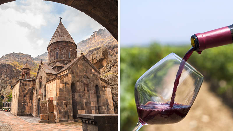 Geghard kloster och rödvin i Armenien.